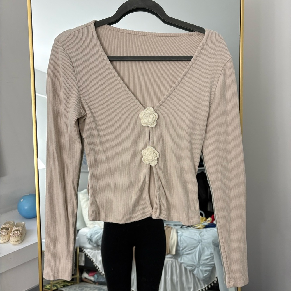 Women's Beige Ribbed Top with Floral Accents